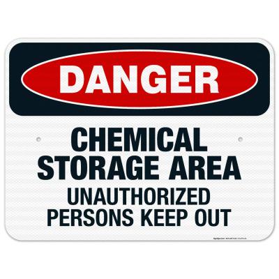 อันตรายพื้นที่ที่เก็บสารเคมีบุคคลที่ไม่ได้รับอนุญาตให้ออกป้าย OSHA ป้ายอันตรายม. อลูมิเนียมสะท้อนแสงป้องกันการจางหายการใช้งานกลางแจ้งภายในผลิตในสหรัฐโดยสัญญาณ Sigo