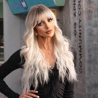 Hot LOUIS FERRE ยาว Platinum Wave วิกผมสังเคราะห์สำหรับผู้หญิงสีขาว Ombre Light สีบลอนด์ Wigs กับ Bangs ทุกวันคอสเพลย์สูงอุณหภูมิ