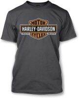 Harley-Davidson Mens Elongated Orange Bar &amp; Shield Charcoal T-Shirt 30291961