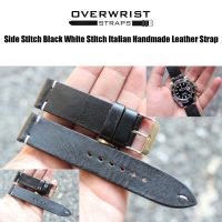 สายนาฬิกา สายหนังวัวแท้ overwrist side stitch black white stitch italian handmade leather strap