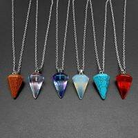 Trendy Hexagonal Column Cone Shape Turquoise Crystal Agate Natural Stone Pendant Necklaces Stainless Steel Chain For Women Men