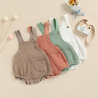 ชุดรอมเปอร์ Bayi Laki-Laki Perembuan Baru Lahir Pakaian Linen Katun Bayi Pakaian Romper Warna Saku Tanpa Lengan Baju Berjemur