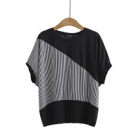 【มีไซส์ใหญ่】Plus Size Womens t-shirts Casual Patchwork Striped Tops White Black Oversized Summer T-shirts