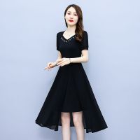 ✆ summer of 2023 covering belly long new temperament cultivate ones morality show thin black big yards fat mm female chiffon dress