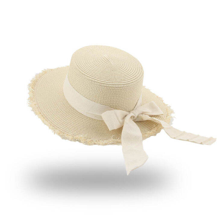 hot-summer-womens-french-flat-top-raffia-straw-hat-bow-umbrella-korean-version-fashion-beach-hat-travel-sun-hat-straw-hat