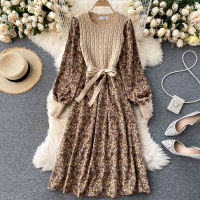 Corduroy Floral Women Dresses Vintage Knitted Patchwork 2020 Sweet Korean Puff Sleeve Bow Drawstring Long Dress