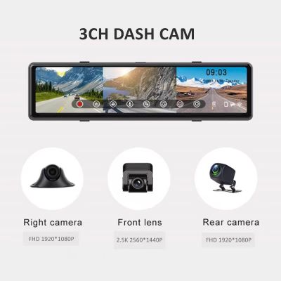 รถ DVR 3กล้อง Dash CAM ไร้สาย CarPlay &amp; Android Auto 2.5K 2560*1440P กระจกมองหลัง WiFi ศัพท์ AP dashcal