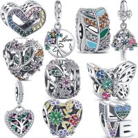 925 Silver Multiple Colors Zircon Flowers Butterfly Tree Leaves Love Heart Beads Fit Original Pandora Charm Bracelet DIY Jewelry