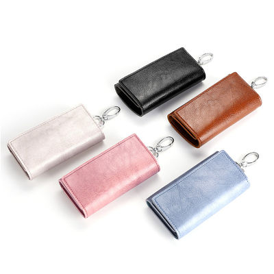 First Leather Man Key Wallets Short Square Cowhide ID Card Holder Zipper Multi-function Car Key Chain Wallet.