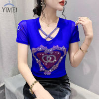 YIMEI เสื้อยืดผู้หญิงกว่างโจวสวยๆสำหรับฤดูร้อน2023ใหม่เสื้อผ้าไหมสองชั้นน้ำแข็งคอวีแนวความรักเพชรสำหรับเสื้อยืดผ้าตาข่าย