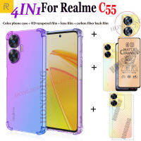 4-In-1สำหรับ Realme C55 Realme สี C53เคสโทรศัพท์ + ชนิดเคลือบเพื่อความอ่อนโยนกระจกนิรภัยเต็มรูปแบบ + สติ๊กเกอร์สกีนหลังเลนส์กล้องถ่ายรูปสำหรับ Realme OPPO C53ฟิล์มป้องกันหน้าจอคาร์บอนไฟเบอร์