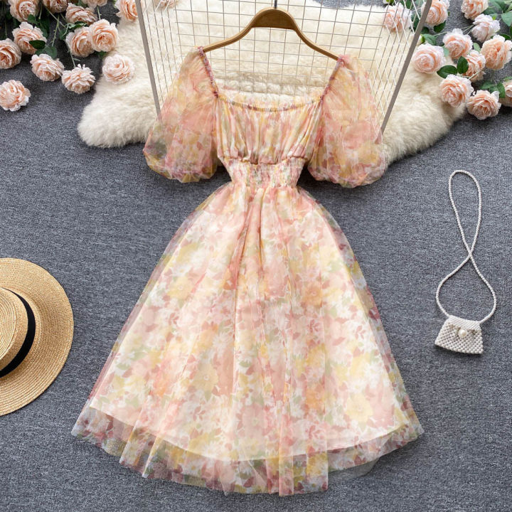 elegant-fashion-literary-small-fresh-mesh-chiffon-first-love-dress-floral-high-waist-sweet-little-fairy-skirt-summer-new-style