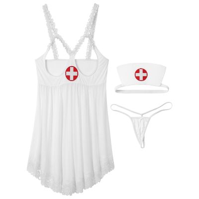 Womens Cosplay Nurse Dress Sexy Naughty Nurse Role Play Lingerie Costume Open Cups Lace Trim Dress Thongs And Headband Uniform