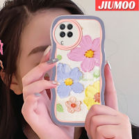 JIUMOO เคสปลอกสำหรับ Samsung Galaxy A22 4G A22 5G เคสแฟชั่นสีสันสดใสลายดอกไม้ขอบคลื่นเคสมือถือกันกระแทกแบบใสนิ่มเคสป้องกันซิลิกาเจลโปร่งใสลายกล้องถ่ายรูปเก๋ไก๋