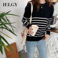 IELGY เสื้อสเวตเตอร์แขนยาวทรงหลวมสีดำและสีขาวสำหรับผู้หญิง,เสื้อสเวตเตอร์ตัวในแฟชั่นทรงหลวมเสื้อแขนยาวคอกลมเสื้อนอกฤดูใบไม้ร่วงและฤดูหนาว