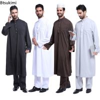 Muslim Fashion Mens 2pcs Robe Pants Clothes Suit Arabic Men Jubba Thobe Abaya Saudi Arabia Eid Turkey Kurtas Islamic Dress