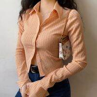 Hellowoogirl Womens Blouse Korean Plus Size Plaid Short Slim Long Sleeve Blouse Shirt 韩式大码格子短款修身长袖衬衫