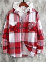 Men Plaid Flap Pocket Drop Shoulder Shirt (not including the hoodie)