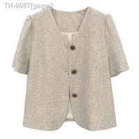 ☊☽ gsgw Blazer feminino elegante cinza com decote em v peito único manga curta estilo curto feminino casacos femininos tops verão