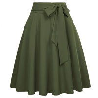 Women Solid Color High Waist skirts Self-Tie Bow-Knot Embellished big swing keen length elegant retro A-Line Skirt faldas mujer