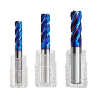 เครื่องตัดเหล็กทังสเตนสําหรับโลหะ HRC65 4-Blade Flat-Bottomed End Mill Nano Blue Coating Carbide Knife CNC Machining Tools