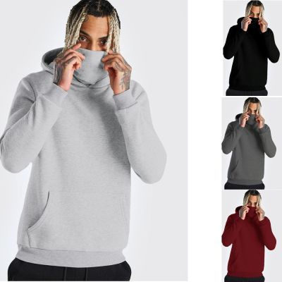 Mens Gym Hoodie Long Sleeve with Mask Sweatshirt Hoodies Casual Splice Large Open-Forked Male Clothing Mask Button Sports Hooded