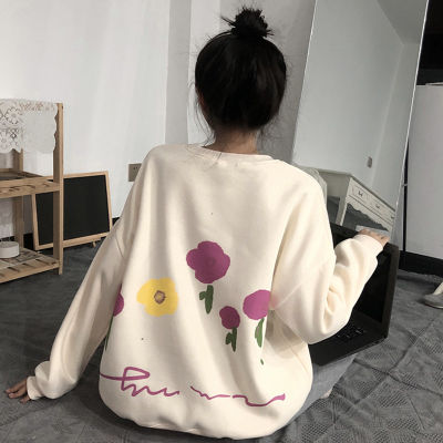 Women O Neck Hoodies Sweatshirts Harajuku Sweet Printing Tops Korean Famale Loose Floral Streetwear Casual Oversize Clothes