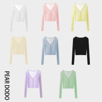 PEAR DODO เสื้อโค้ทคาร์ดิแกนกันแดดสั้นคอวีสีพื้นสำหรับผู้หญิง