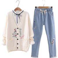 Women Sets Cartoon Cat Embroidery Knitted Cardigan And Elastic Waist Denim Pants Pocket Jeans Solid Blouse 3 Piece Set Clothes