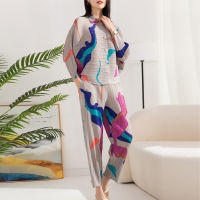 Printed Fashion Large Womens New Pleated Loose Top+ Pants Two-piece Set