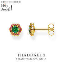 Studs Earrings Hexagon Green,Europe Yellow Gold Color Hand-set Jewelry For Women, Playful Look Gift 925 Sterling Silver