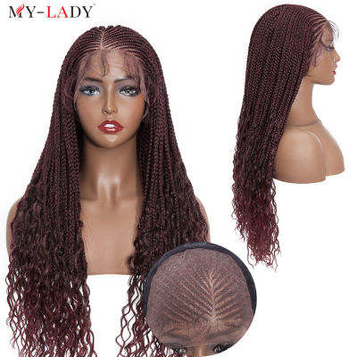 My-Lady 29นิ้วสังเคราะห์ Cornerrow ided Wigs ลูกไม้ด้านหน้าวิกผมหน้าผากยาว Curly Ends สำหรับภาษาฝรั่งเศสคำสีดำผู้หญิงกล่อง Afro ผม ~