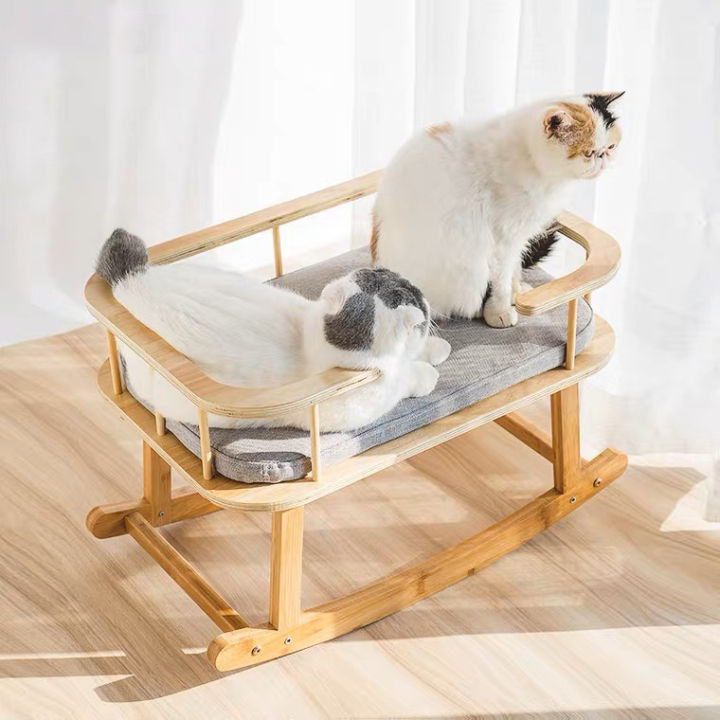 xcutememeow-ที่นอนแมว-เตียงนอนแมวโยก-เตียงนอนไม้สำหรับสัตว์เลี้ยง-ที่นอนแมว-เก้าอี้โยกแมว-เตียงไม้แมว-โยกเบาๆให้แมวนอน-แถมฟรีตัวเบาะ