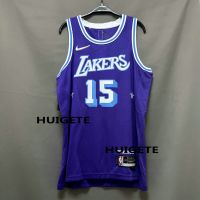 Mens New Original NBA Los Angeles Lakers 15 Austin Reaves 2021-22 City Edition Jersey Purple Swingman Heat-pressed