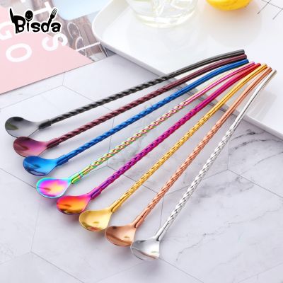 ♂☑❣ 2Pcs Long Twisted Straw Spoon Portable Gold Tea Scoop Reusable Colored Stainless Steel Straws Black Dinnerware Set For Bar Party