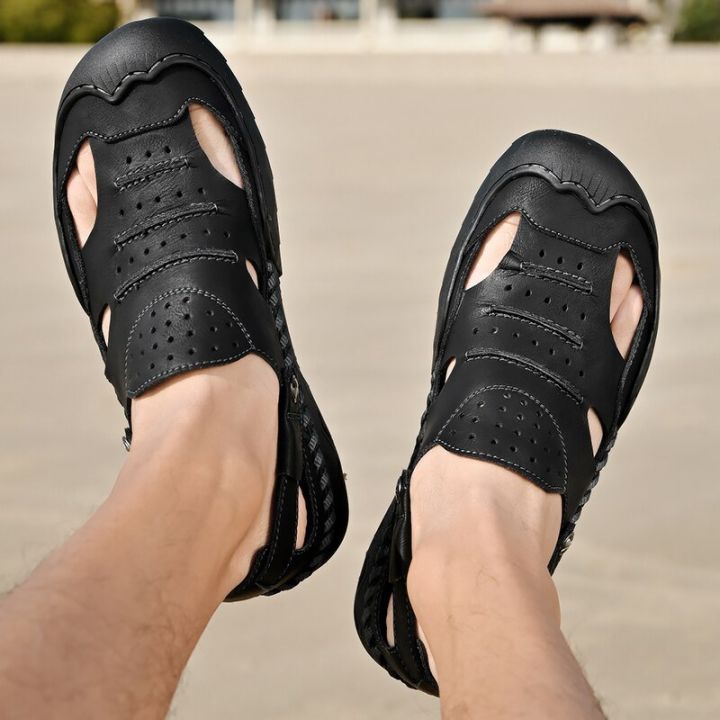 รองเท้าแตะสำหรับผู้ชาย-ใหม่รองเท้าแตะกลางแจ้งรองเท้าแตะชายหาดแบบหนังแท้กันลื่นรองเท้าเดินสบายแฮนด์เมดรองเท้าแตะของผู้ชาย