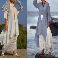 Women Irregular Leisure Loose Fitting Linen Shirt Tunic Pullover Blouse Baggy Tops Round Neck Comfy Cotton Dress