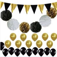 1 Set Mixed Black Gold Banner White Paper lantern Tissue Pom poms Honeycomb Balls Balloons Birthday Graduation Party Decor