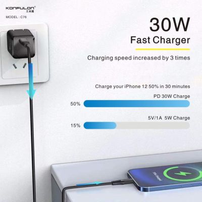 KONFULON Fast Charging Type C Charger GaN PD 30W แบบพกพา Wall Charge Adapter สำหรับ 12 14 Pro Max Xiaomi Samsung S10