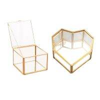 2 Pcs Geometric Glass Jewelry Box Glass Ring Box Exquisite Unique Wedding Jewelry Box, Square &amp; Flip Love Heart Shaped