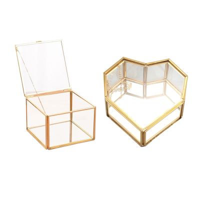 2 Pcs Geometric Glass Jewelry Box Glass Ring Box Exquisite Unique Wedding Jewelry Box, Square & Flip Love Heart Shaped