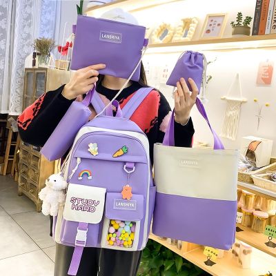 Womens Bag 2023 New Fresh Sweet Student Schoolbag Large Capacity Five-Piece Backpack Tuition Bag Backpack 2023