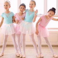 ☬ Girls Ballet Leotard Gymnastics Bodysuit Mesh Splice Costumes Children Short Sleeve Chiffon Tutu Dress Kids Ballet Dance Wear