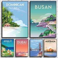 Cartoon Tourism City Street Poster Set-ดูไบ,BUSAN,Curada และ DOMINICAN - Landscape Canvas Aesthetics Wall Art For Room Decor And Bedroom Picture 0811