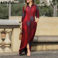 Vonda Women Casual Lapel Collar Long Sleeve Button Up Plain Long Dress