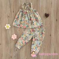 Ryn studio Babygarden-1-6 ปี ชุดเด็กผู้หญิง ฤดูร้อน ชุดเสื้อแขนกุด เปิดหลัง + กางเกงยางยืด ลายดอกไม้