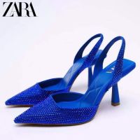 Womens shoes 2022 ZARAˉsummer new black rhinestone bright decoration slingback high heel strap sandals