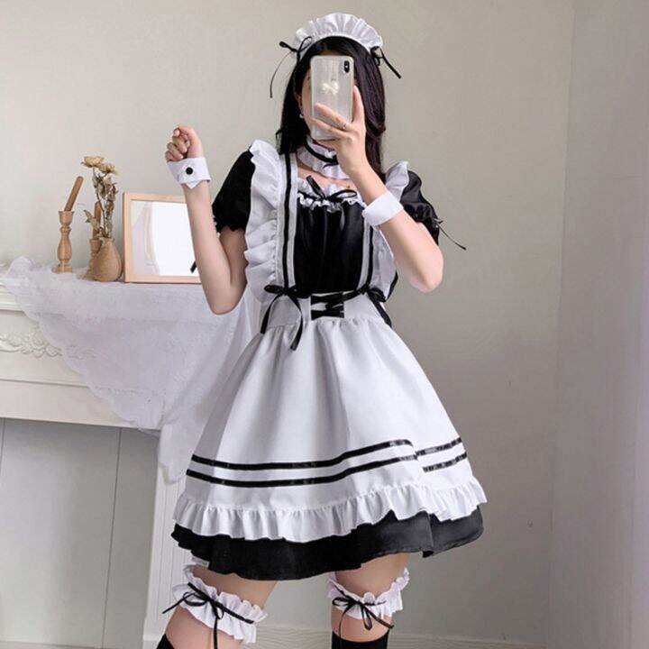 Original】 Japanese Anime Cosplay Costumes Black Cute Lolita Maid Outfit  Girls Women Lovely Maid Apron Dress Halloween Role Play Costumes 