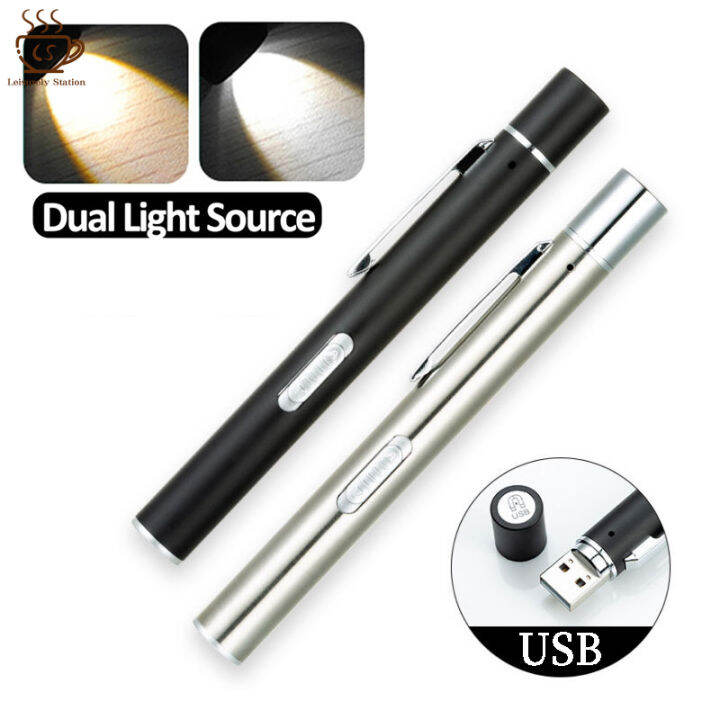 Mini USB Rechargeable LED Pen Light Medical Flashlight Dual Light Source Stainless Steel Flash