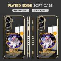 Diorcase For Honor 90 5G,90 Lite 5G ฟรีสายคล้อง + เคสลายขอบสี่เหลี่ยมนักบินอวกาศการ์ตูนเคสชุบเคสโทรศัพท์นิ่มหรูหราชุบเคสโทรศัพท์